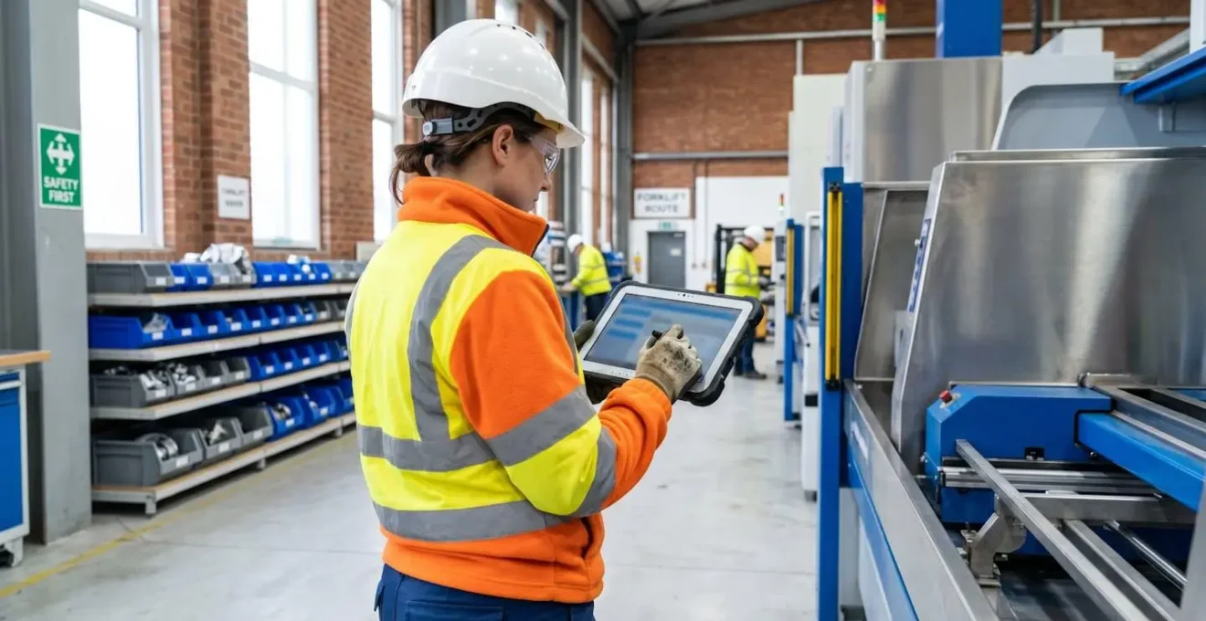 Industrial worker wearing high-visibility PPE viewed from behind checking a tablet device in a modern UK industrial facility