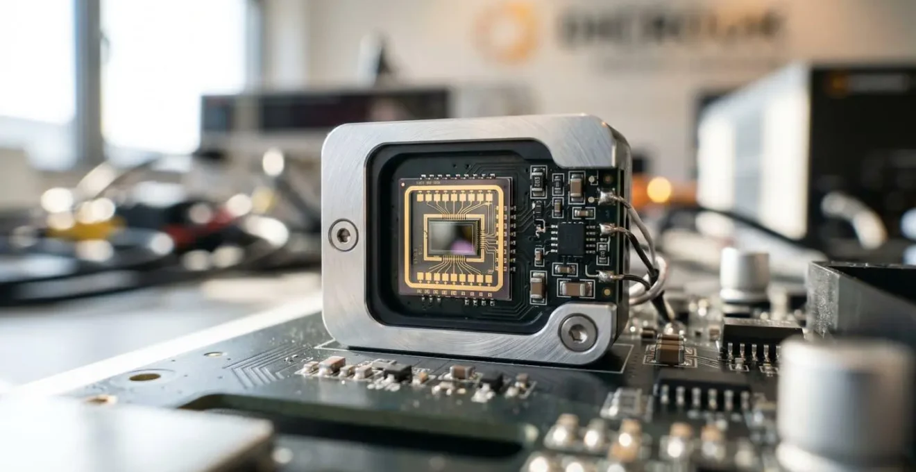Extreme close-up macro photograph of modern lightning detection sensor electronic components with shallow depth of field