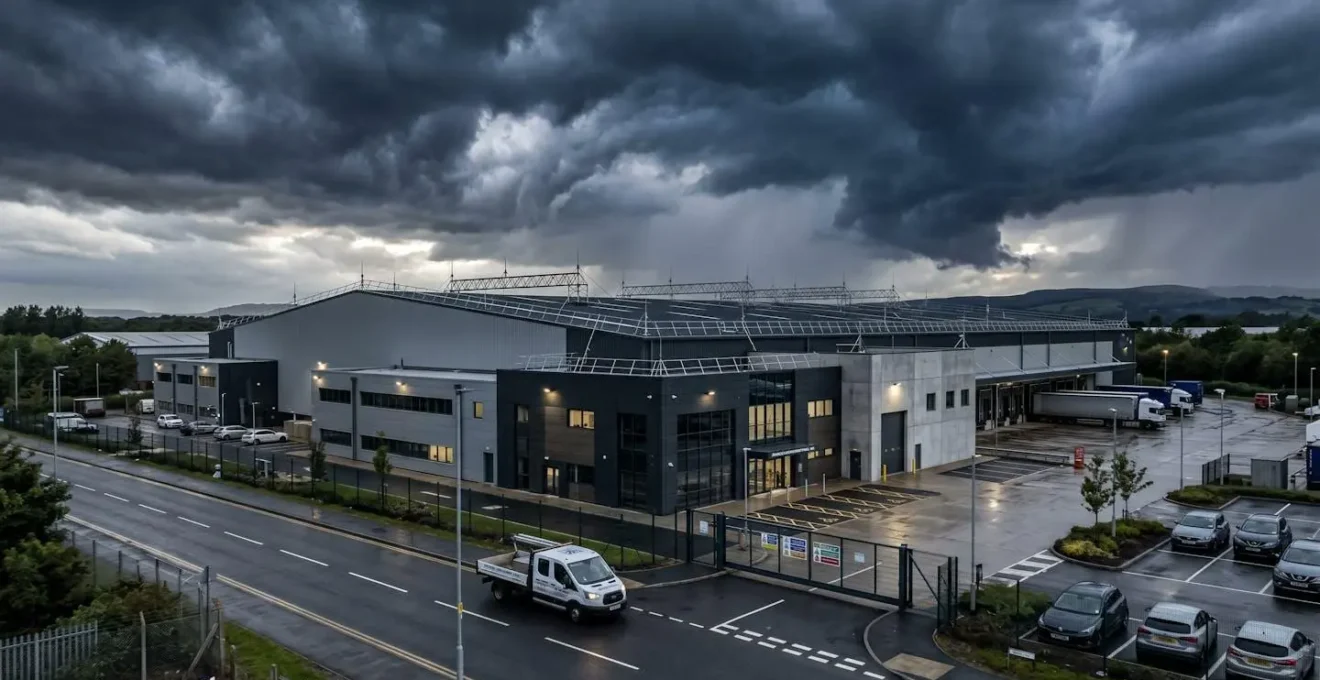 Modern UK industrial facility exterior photographed under dramatic dark storm clouds gathering overhead with lightning protection visible on roofline