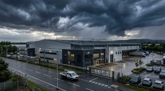 Modern UK industrial facility exterior photographed under dramatic dark storm clouds gathering overhead with lightning protection visible on roofline
